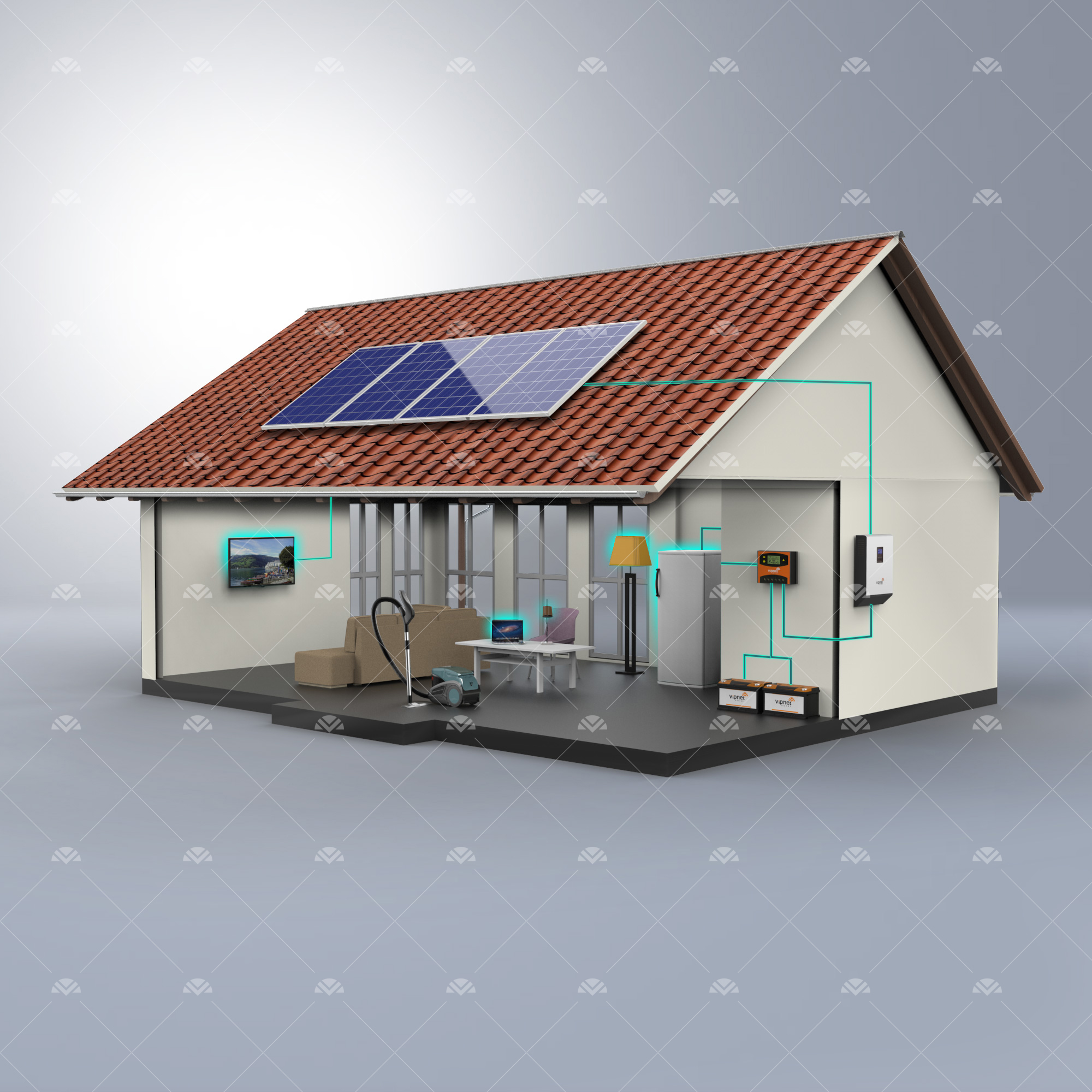 Solar Paket 2-lamba, tv, orta boy buzdolabı, şarj cihazı, süpürge
