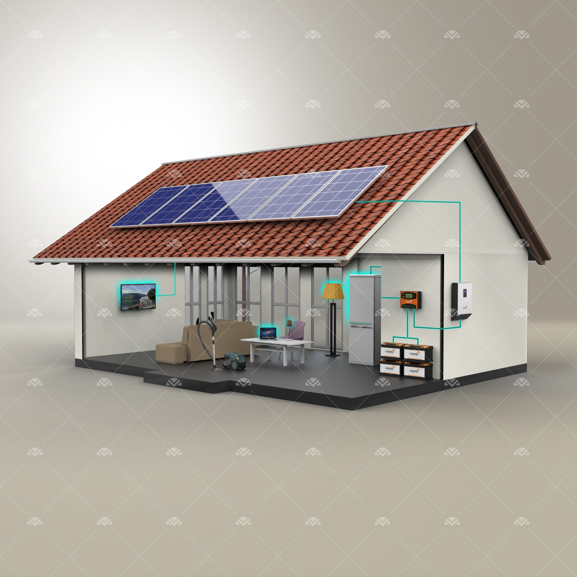 Solar Paket 4-lambalar, tv, büyük buzdolabı, şarj cihazı, ev aletleri, süpürge